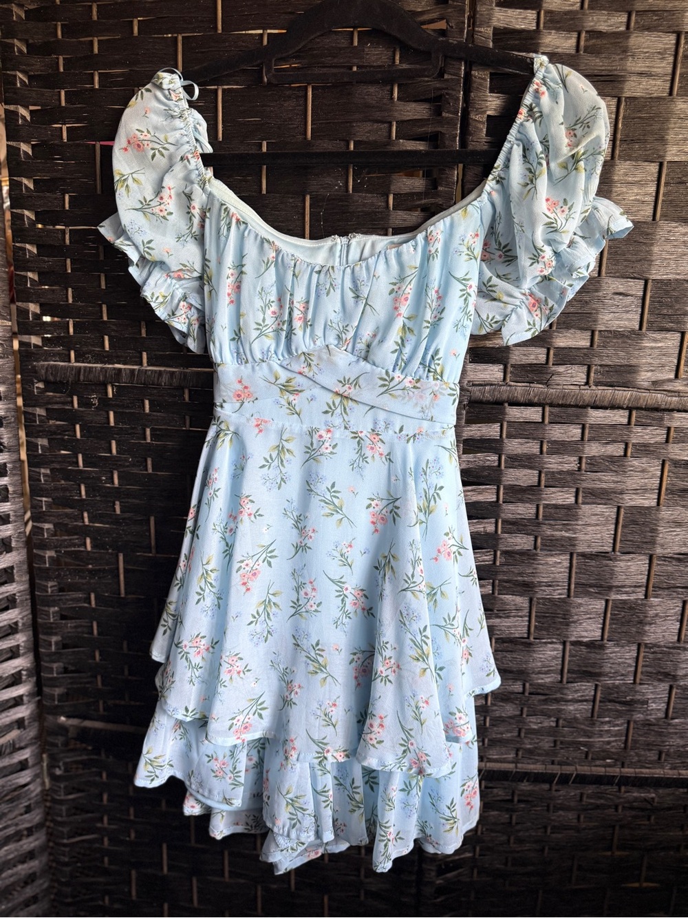 Blue Rain Pale Blue Floral Off-Shoulder Ruffle Mini Dress